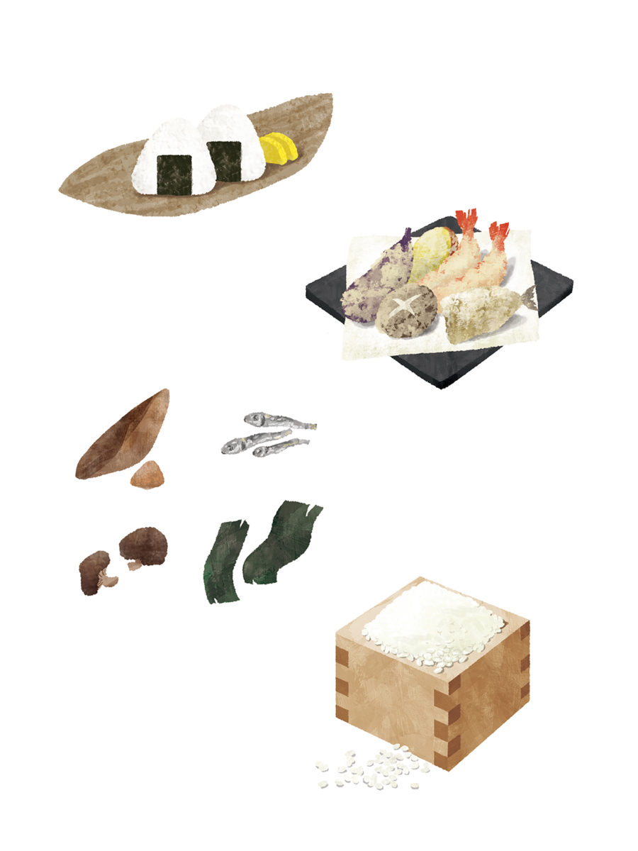 和食の食材イラスト 天ぷら おにぎり 定食など Fukuoka Mariko イラストレーター 福岡麻利子